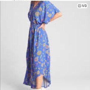 Gap Blue Floral Kimono Style Drape Maxi Dress V Neck Gathered Waist Size Medium